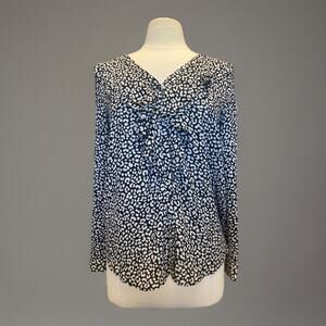 Ann Taylor Black White Ruffled V Neck Long Sleeve Floral Blouse Top Size XS